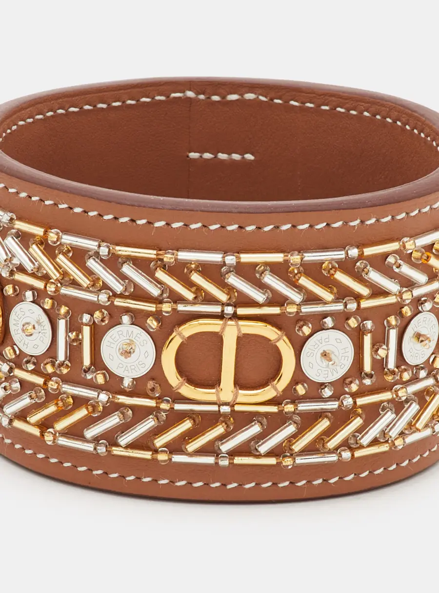 Herm&egrave;s Beads Leather Gold Tone Bangle Bracelet