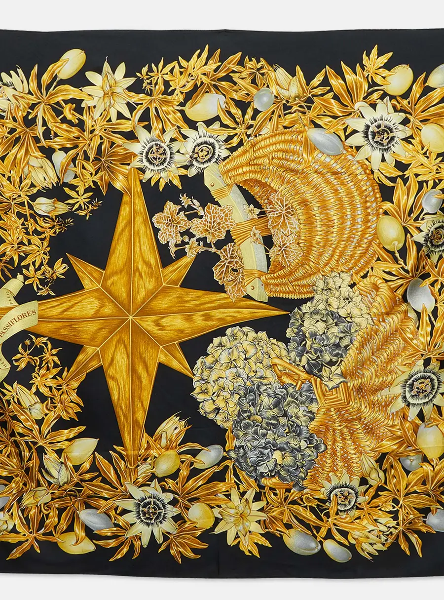 Herm&egrave;s Black Passiflores Silk Scarf