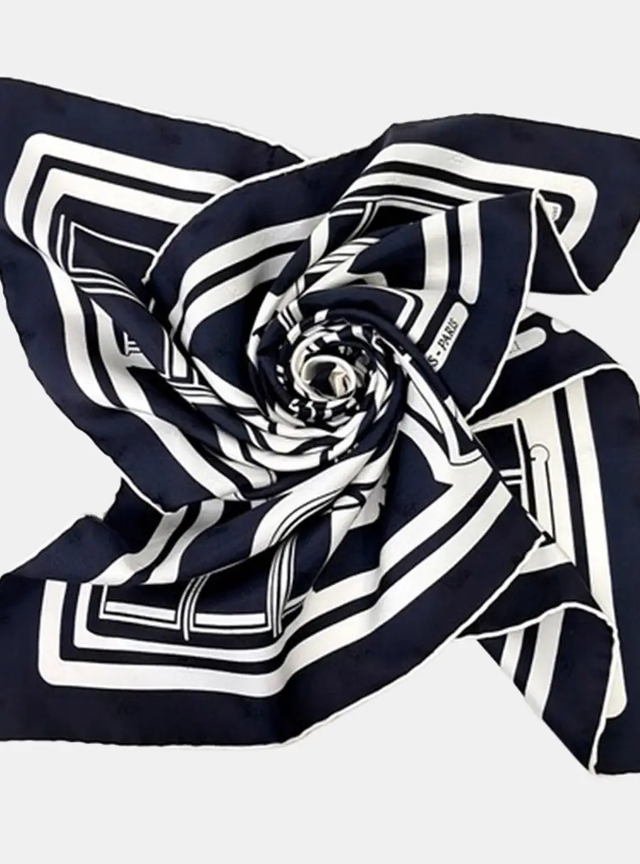 Herm&egrave;s Navy Blue/White Silk Scarf