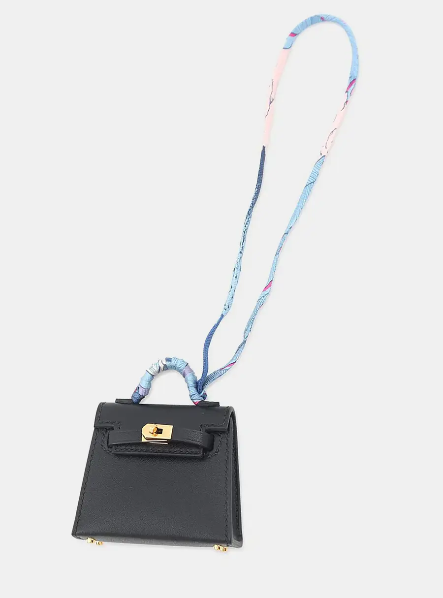 Hermes Kelly Twilly Bag Charm Black Tadelakt Leather Silk