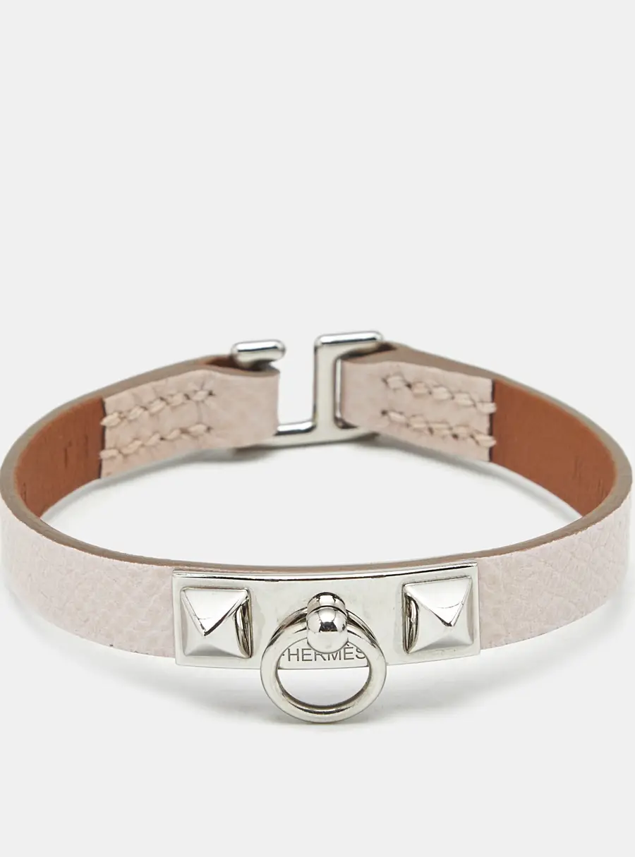 Herm&egrave;s Rivale Leather Silver Tone Bracelet