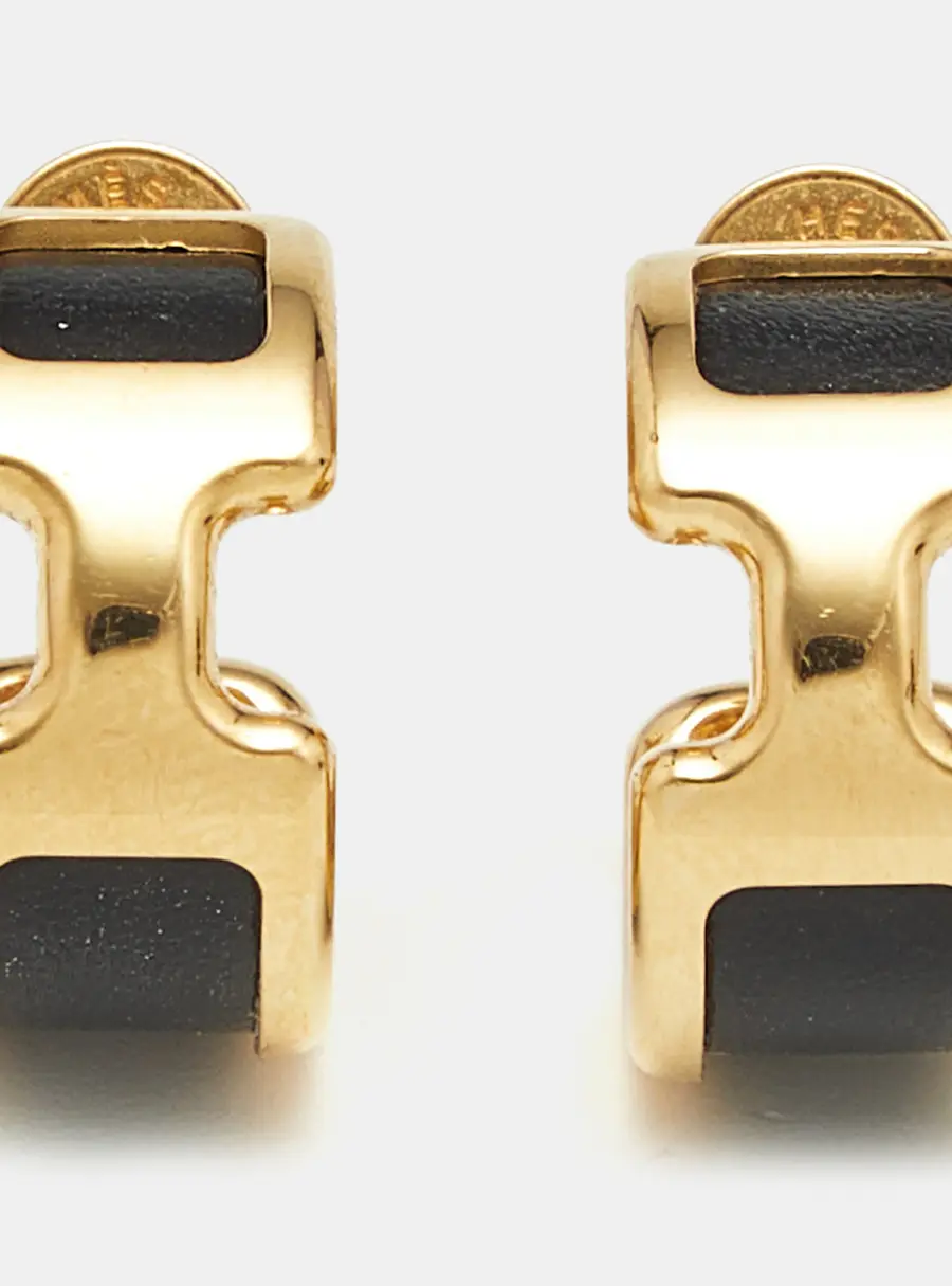 Herm&egrave;s Olympe Leather Gold Tone Hoop Earrings