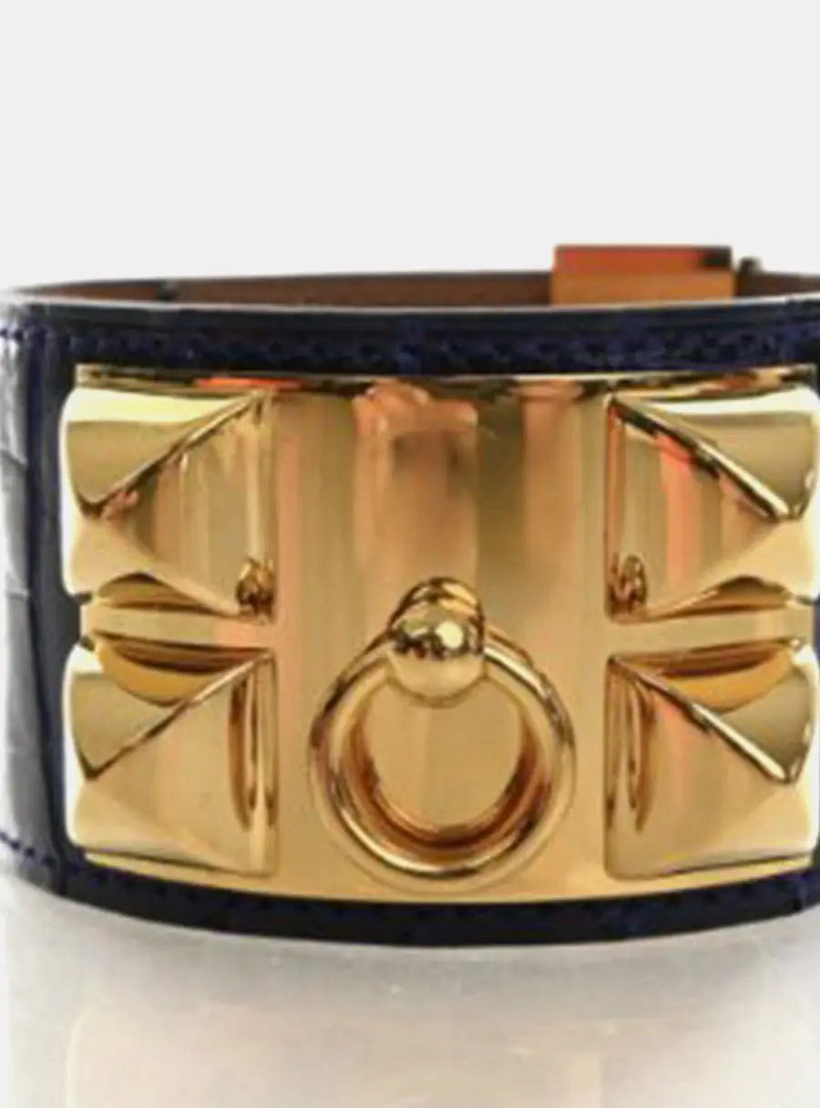 Hermes Collier de Chien S Bleu Electrique Alligator Gold Plated Bracelet