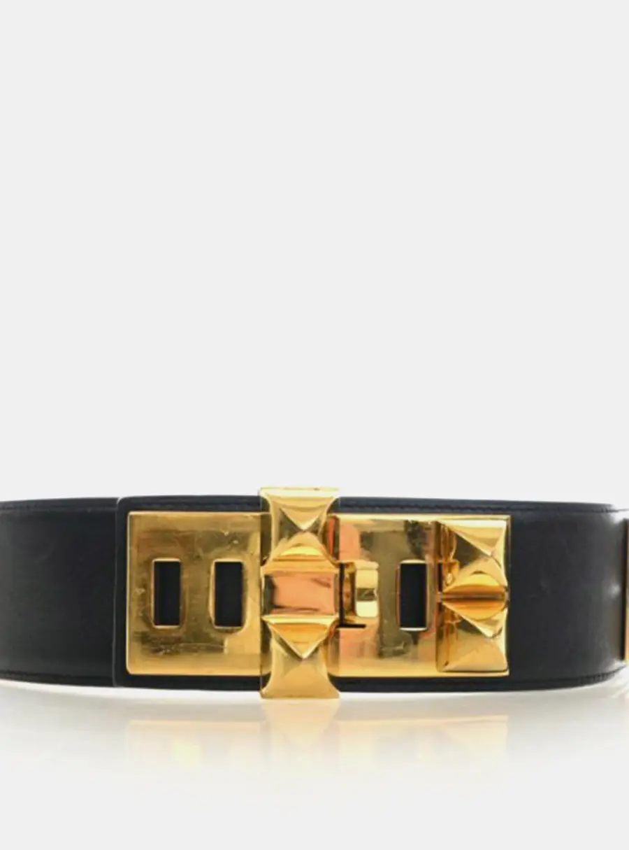 Hermes Collier de Chien 50 Size 68 Black Swift Leather Gold Plated Hardware Belt