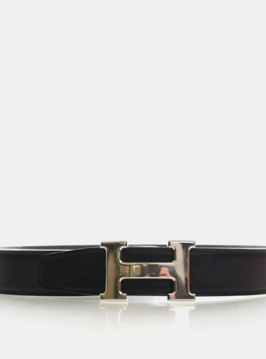 Hermes Constance 105 Black Box Calfskin Leather Palladium Plated Metal Reversible Belt