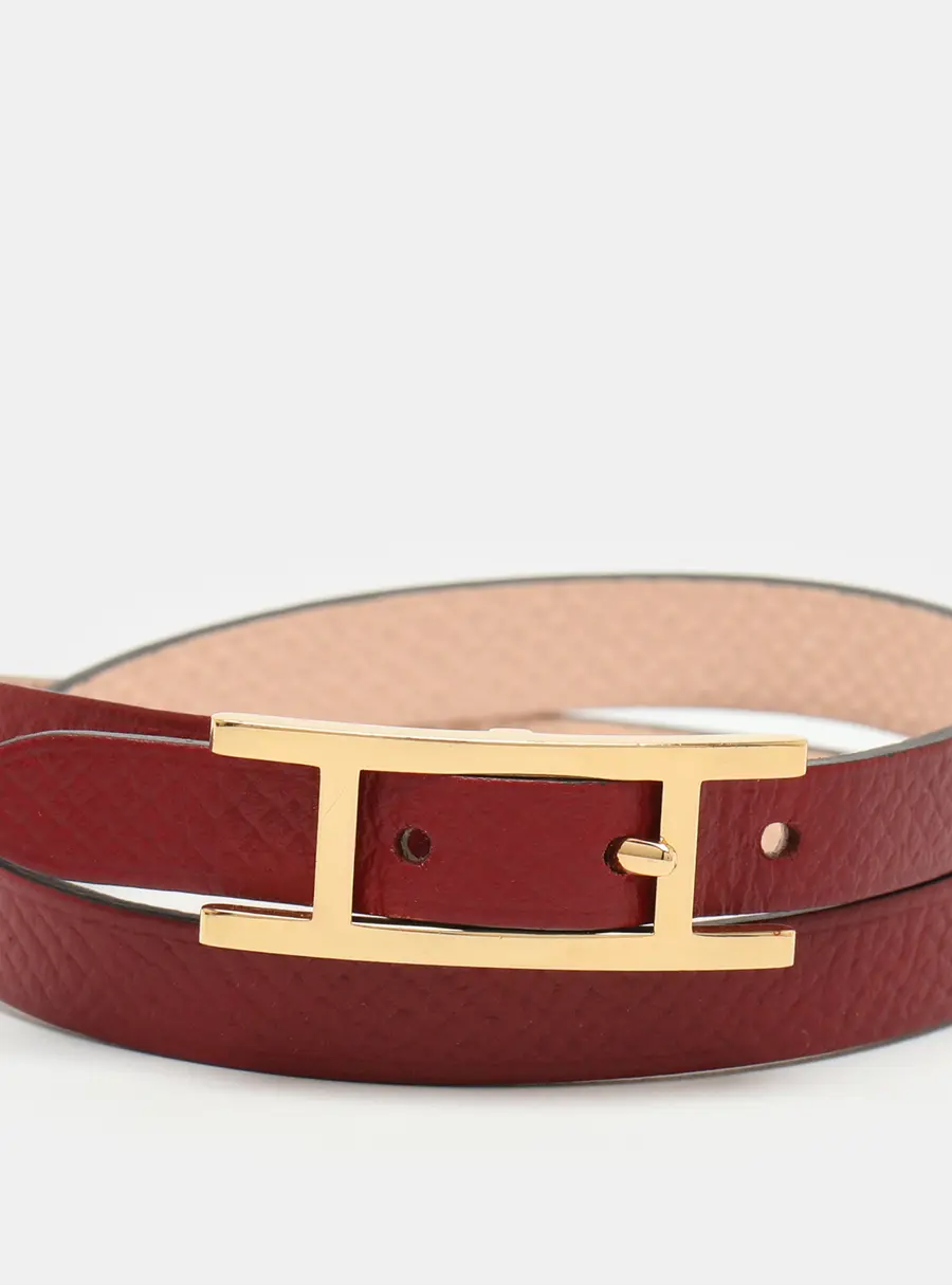 Hermès Behapi Pink/Red Leather Gold Tone Hardware Double Tour Bracelet S