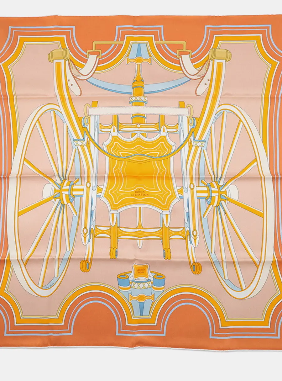 Hermes Carre Les Roues De Phaeton (Wheels Of A Four-Wheeled Carriage) Size 70 Orange Cui / Poodle / Soleil Silk100%