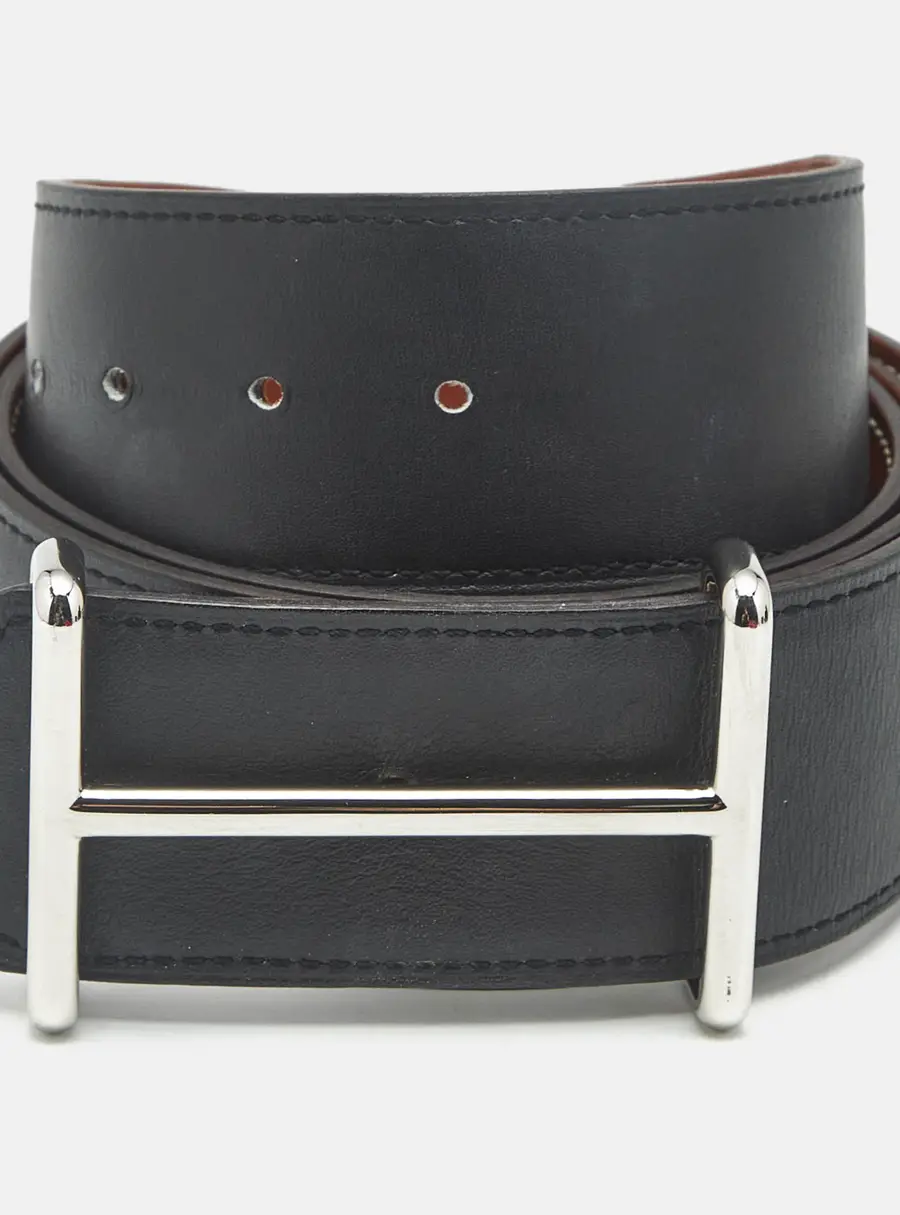 Herm&egrave;s Idem 95 CM Reversible Buckle Belt Noir/Gold Chamonix and Box Leather