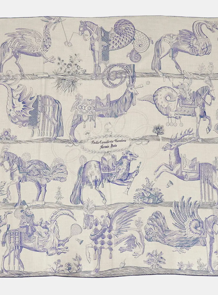 Hermes Carre Jean Della Cavalleria Favolosa Size 140 White / Blue Jean / Lavender Cashmere Silk