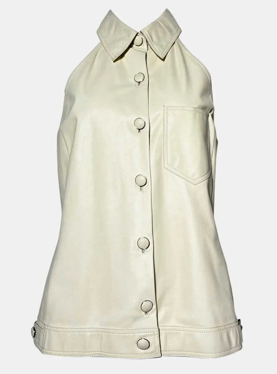 Hermes Ivory Leather Buttoned Collar Sleeveless Shirt Size M