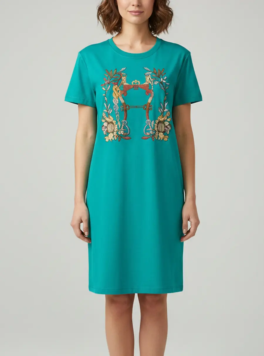 Hermes Teal Della Cavalleria Graphic Jersey T-Shirt Dress L