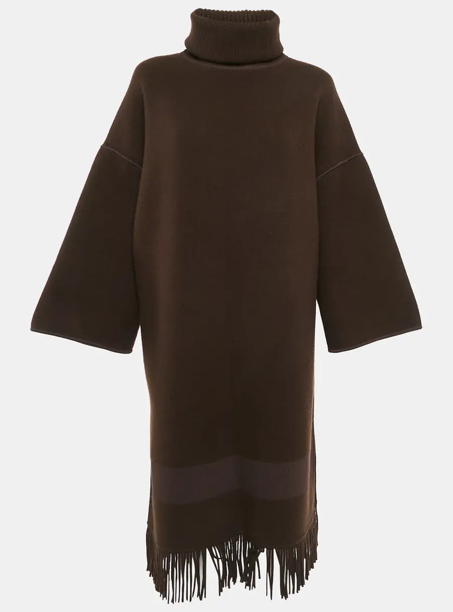 Hermes Brown Wool Knit Fringed Turtle-Neck Poncho Coat M