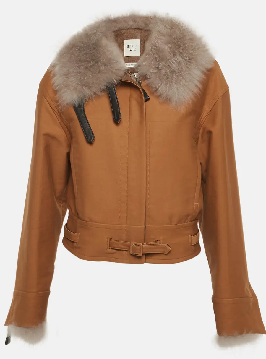 Hermès Brown Fur Collar Cotton Zip-UP Jacket M