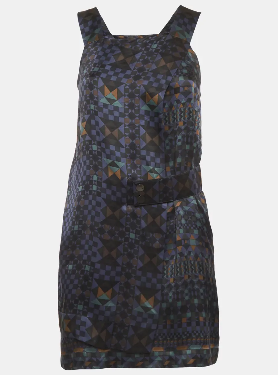 Hermès Navy Blue Geometric Print Satin Mini Dress S