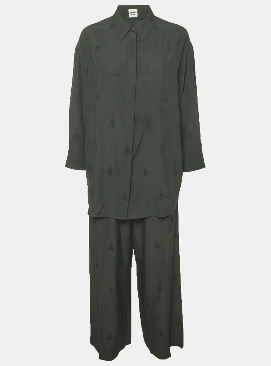 Herm&egrave;s Bottle Green Embroidered Silk Shirt and Trousers Set S