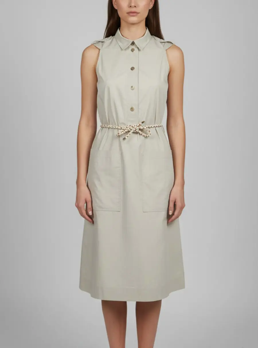 Herm&egrave;s Grey Cotton Belted Sleeveless Shirt Dress S