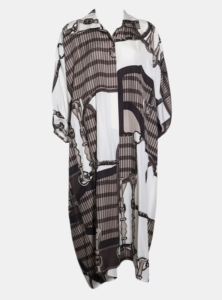Hermes 2025 'Coaching Remix' Brown/White Silk Kaftan XS