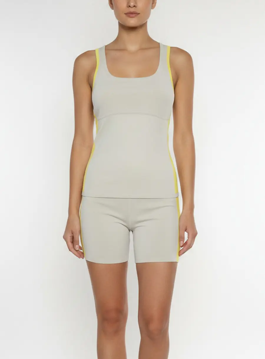 Hermes Grey/Yellow Striped Technical Knit Yoga Tank Top and Shorts S