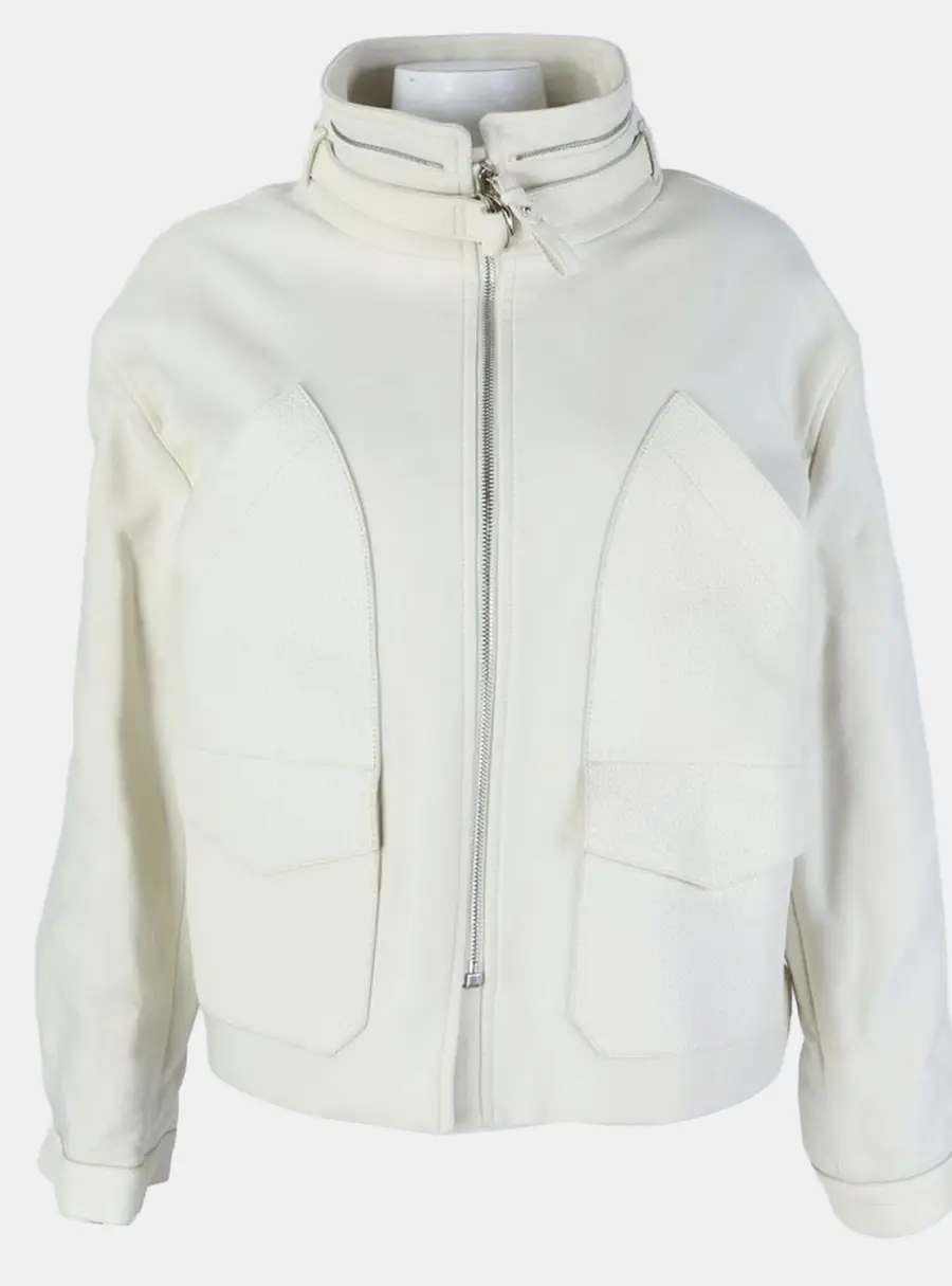 Hermès White Leather-Trimmed Zip-Up Jacket Size FR 38