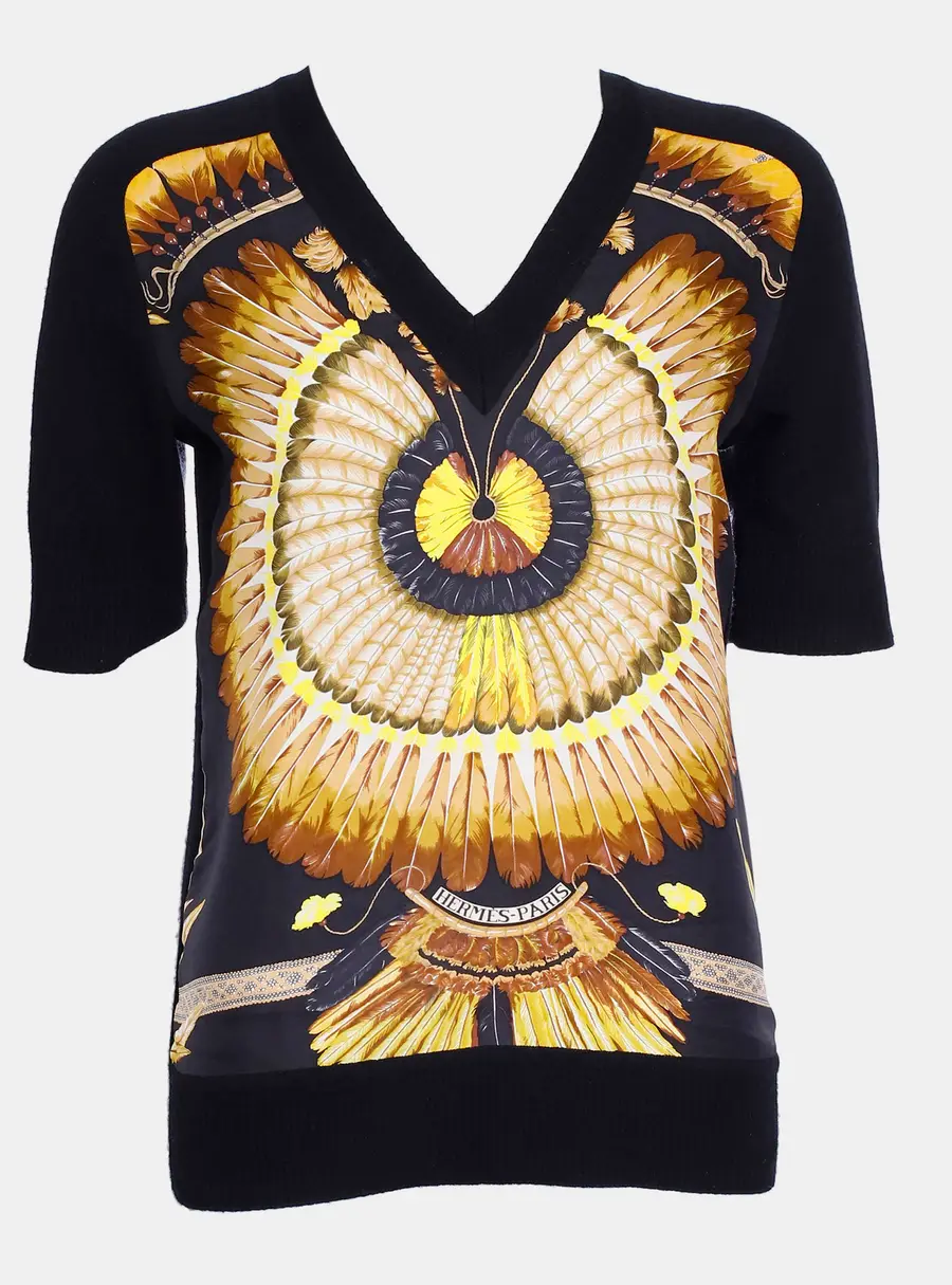 Hermes Black Twillane with Yellow silk Print Top FR 34