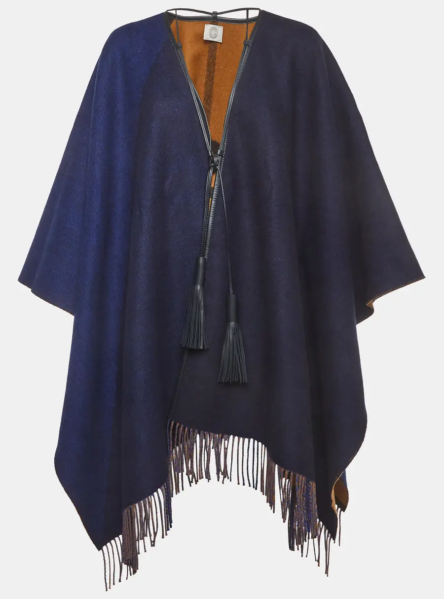 Herm&egrave;s Navy Blue/Beige Wool Blend Tassel Trim Poncho One Size