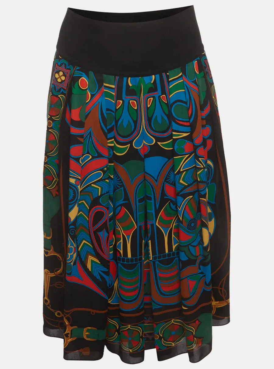 Hermes Multicolor Printed Crepe Pleated Midi Skirt L