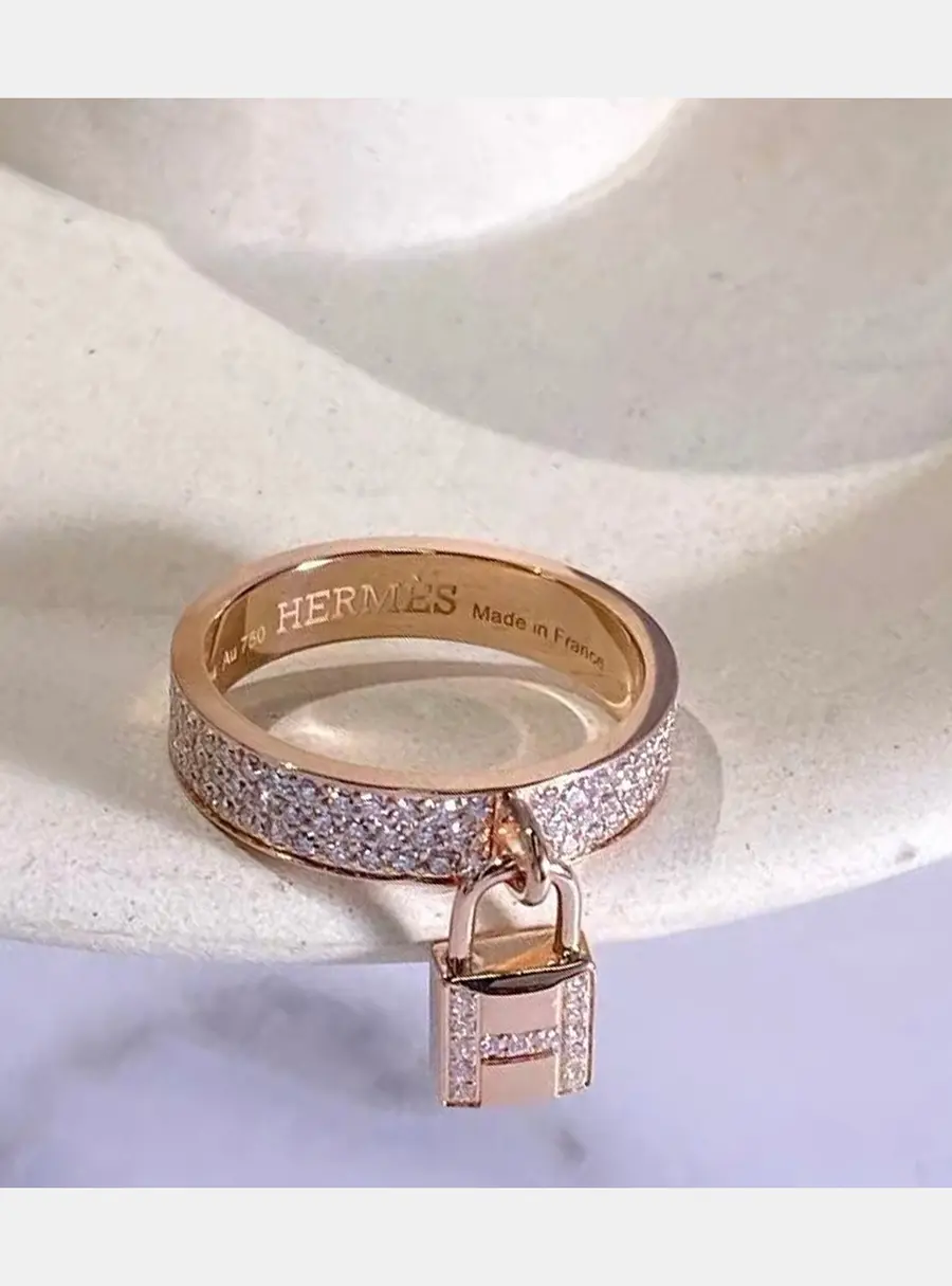 Hermes Clochette Lock Ring 18K Rose Gold Diamond Set Size 55