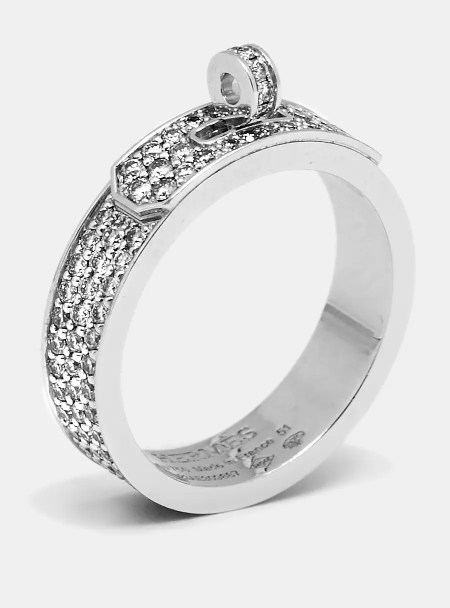 Herm&egrave;s Kelly Diamonds 18k White Gold Ring Size 51