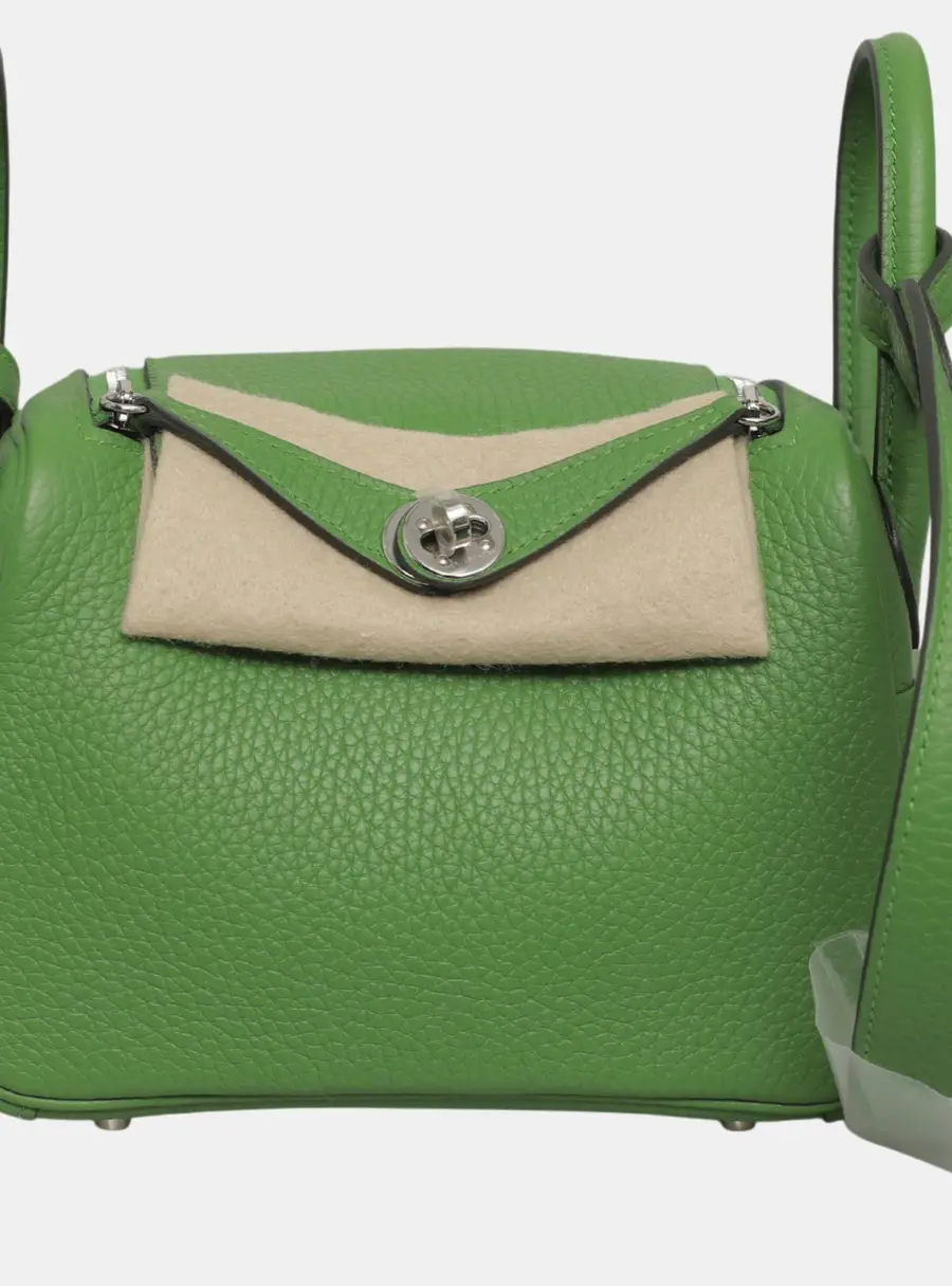 Hermes Lindy Mini Vert Criquet Clemence Calfskin Leather Top Handle Bag