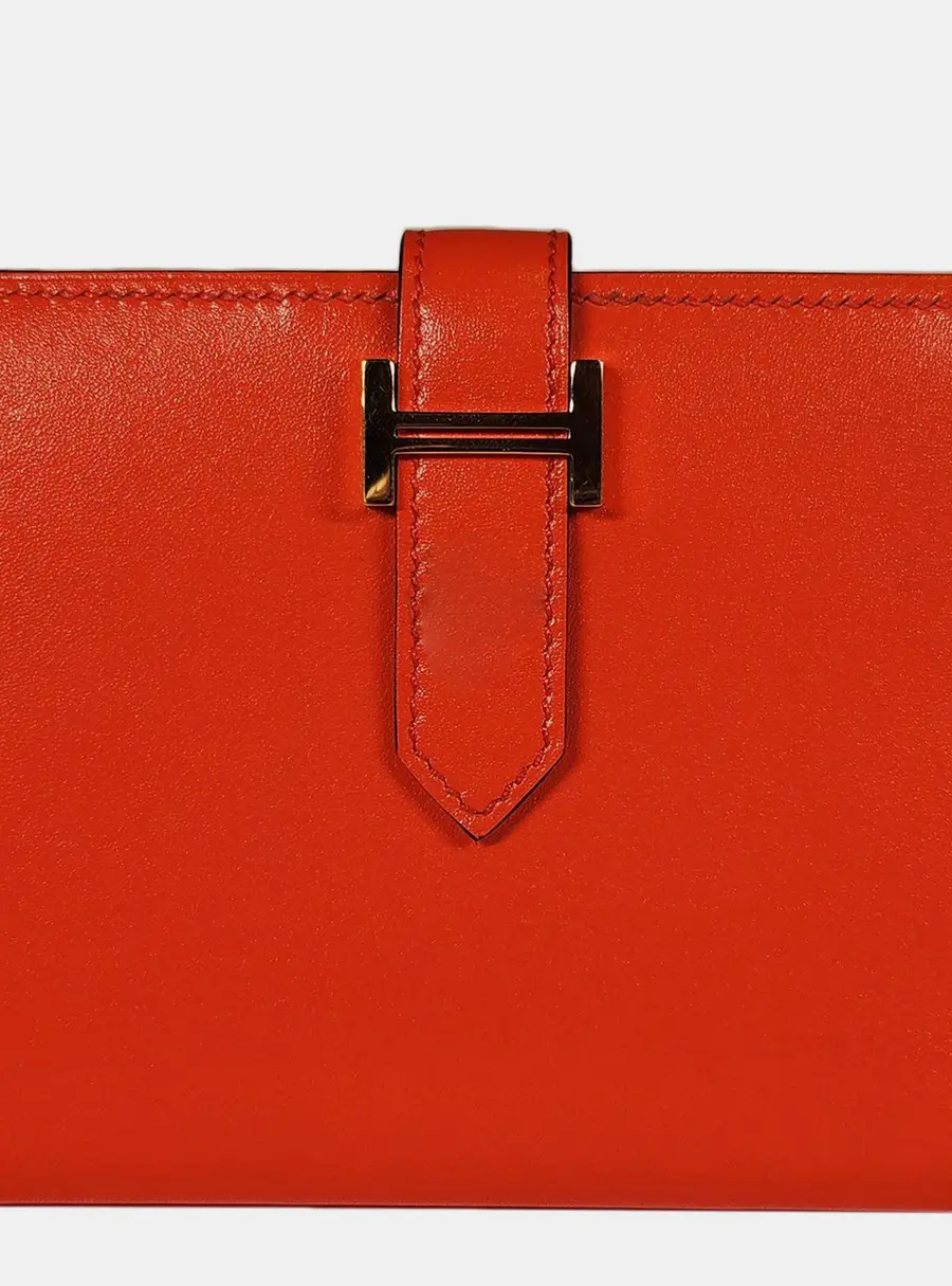 Hermes Bearn Compact Orange Poppy Tadelakt Leather Wallet