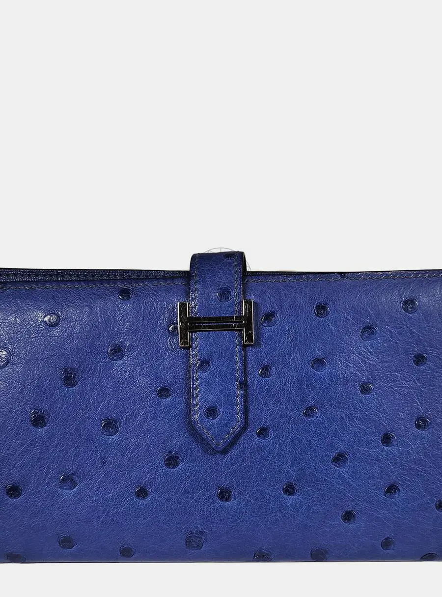 Hermes Bearn Blue Ostrich Leather Wallet