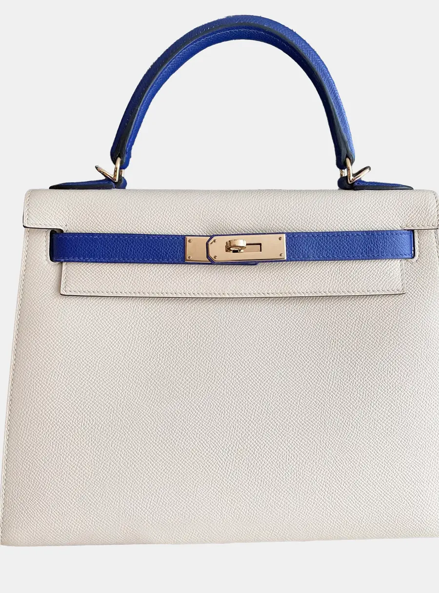 Hermes Kelly 28 Bicolor Craie Blue Sapphire Epsom Leather Top Handle Bag