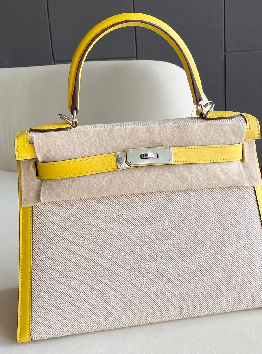 Hermes Kelly 28 Napoli Yellow Canvas Leather Top Handle Bag