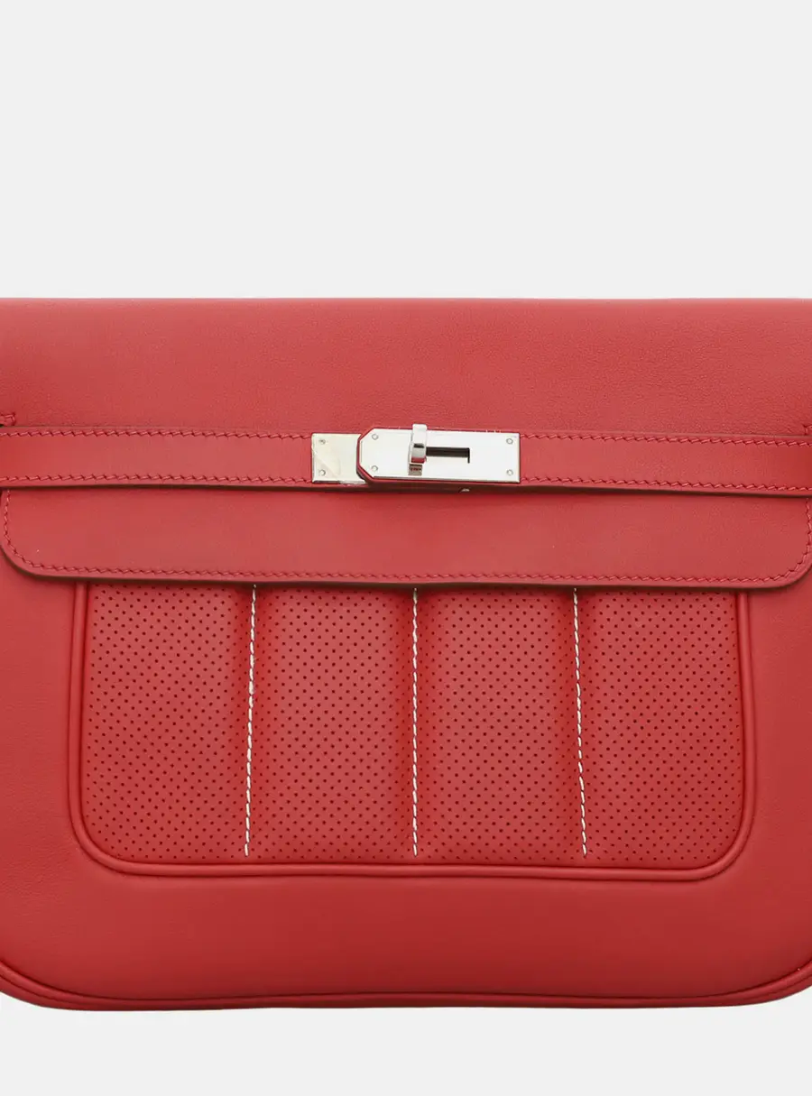 Hermes Berline 28 Rouge Casaque Evercolor Perforated Leather Shoulder Bag
