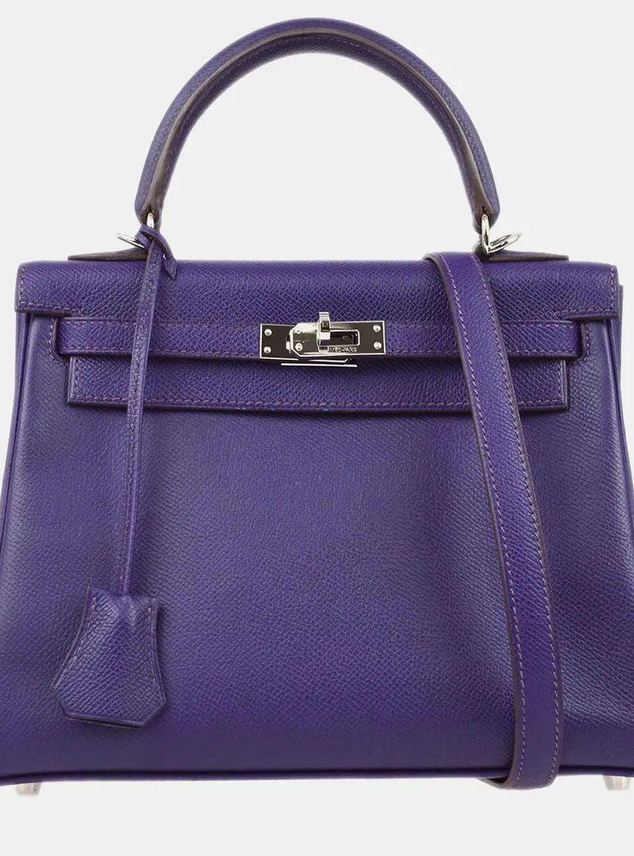 Hermes Kelly 25 Retourne Violet Epsom Leather Top Handle Bag