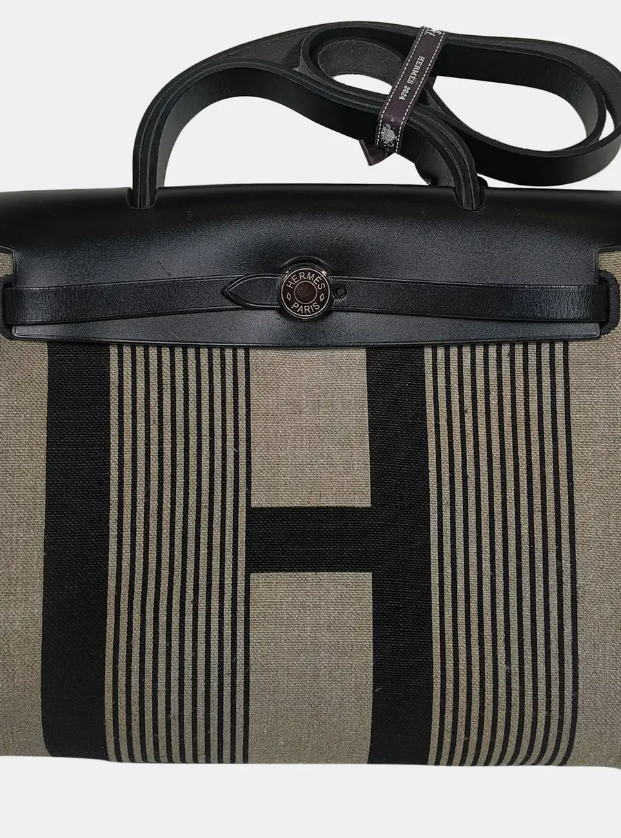 Hermes Herbag Zip Retourne 31 Black Grey Vache Hunter Leather Canvas Top Handle Bag