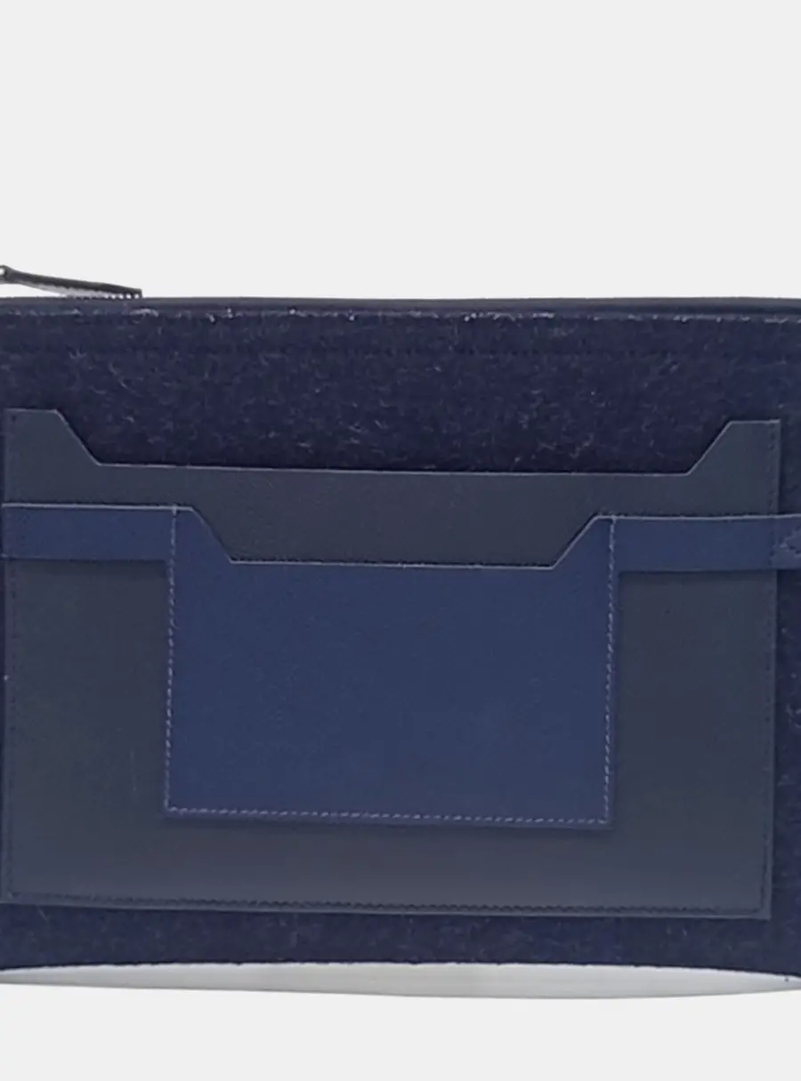 Hermes Todo 29 Navy Blue Wool Leather Clutch Bag