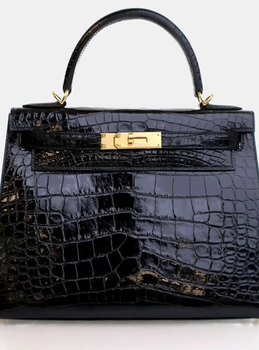 Hermes Kelly Sellier 28 Noir Alligator Leather Top Handle Bag