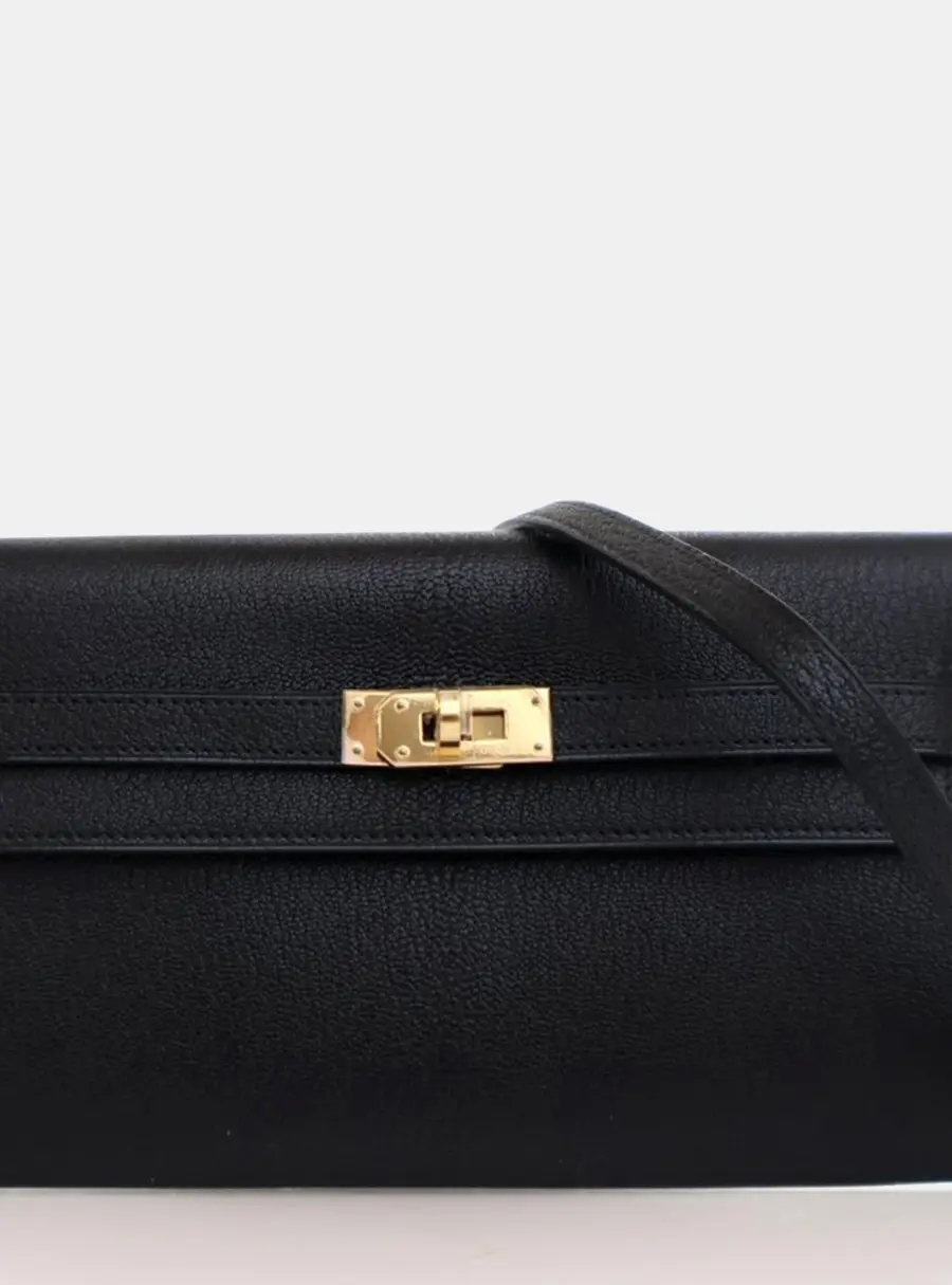 Hermes Kelly To Go Wallet Noir Chevre Mysore Leather Shoulder Bag