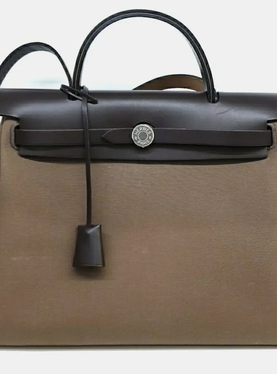 Hermes Herbag Zip Retourne 31 Brown Canvas and Leather Top Handle Bag