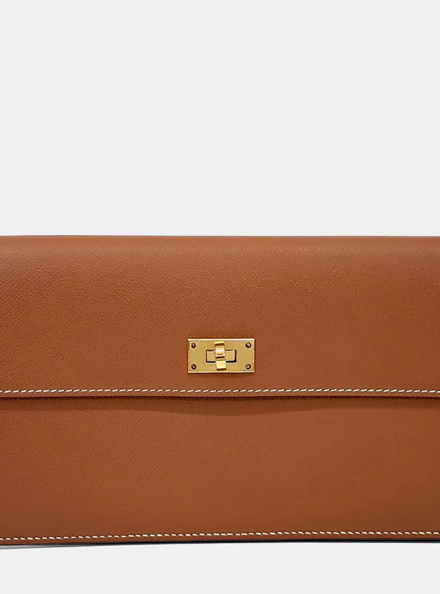 Hermes Kelly Pocket Long Wallet Brown Chevre Mysore Leather Wallet Bag