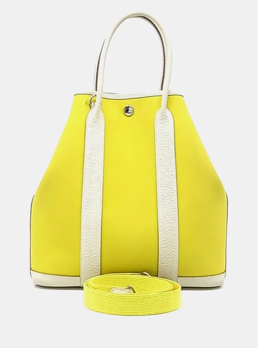 Hermes Garden File 28 Yellow Canvas Off-White Togo Calfskin Leather Top Handle Bag