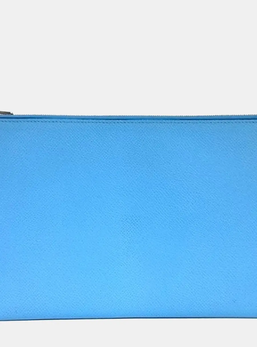 Hermes Flat Pouch Blue Epsom Leather Clutch Bag