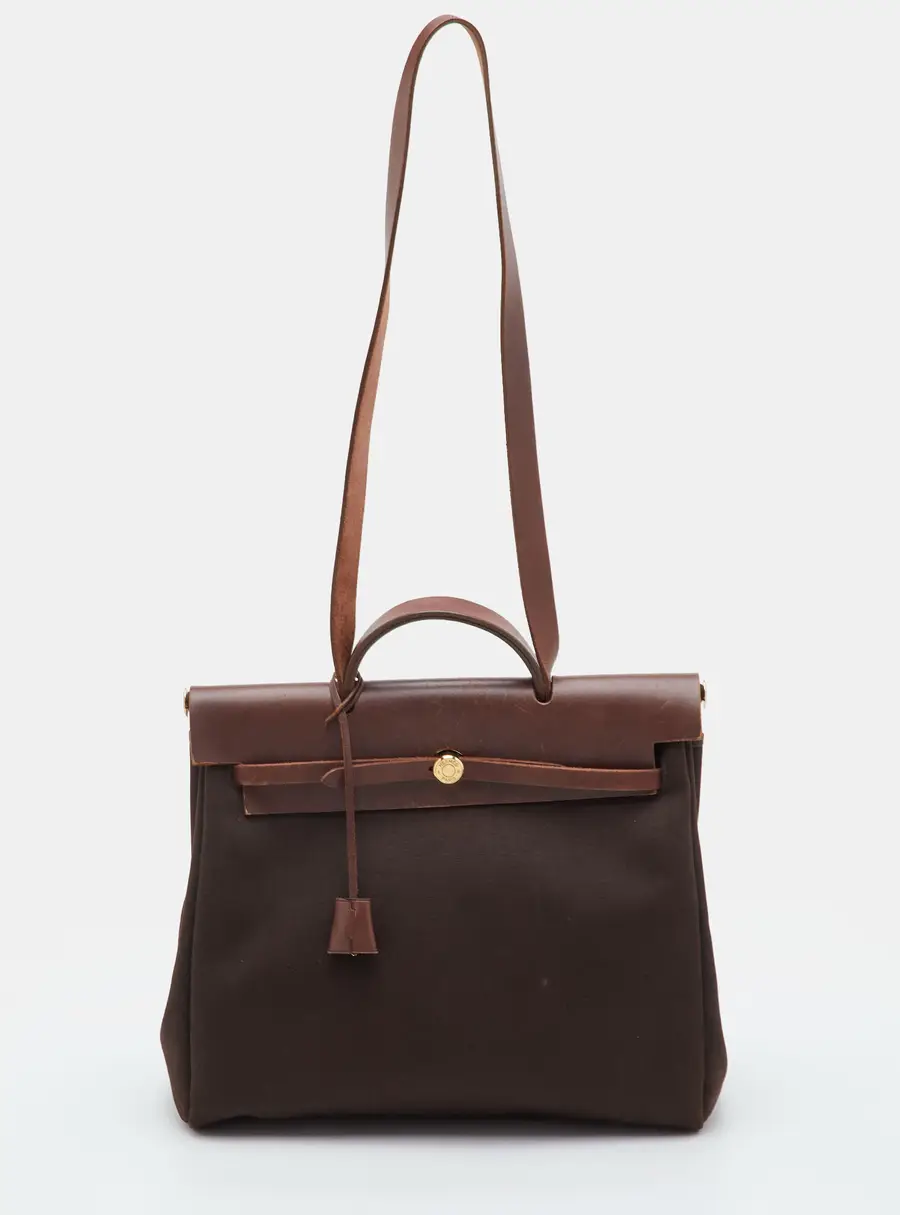 Hermes Herbag 39 Chocolate/Terre Toile and Vache Leather Top Handle Bag