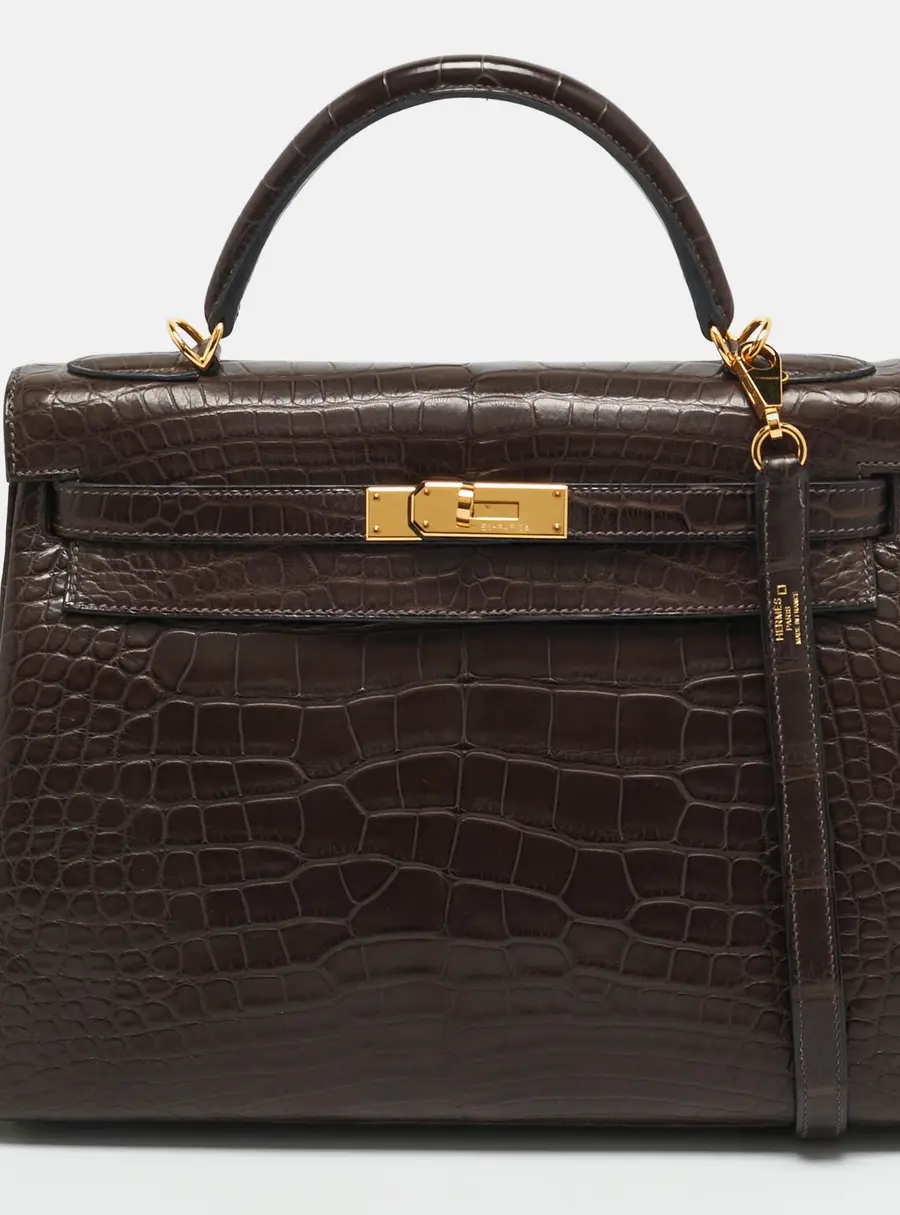 Hermès Kelly 32 Ébène Shiny Alligator Mississippiensis Sellier Gold Hardware bag