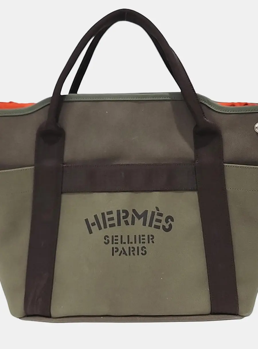 Hermes Sac De Pansage Groom Small Olive Green Brown Canvas Top Handle Bag