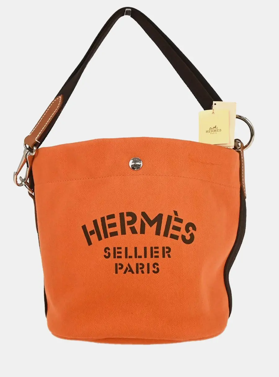 Hermes Orange Toile Chevron Sac de Pansage Bucket Shoulder Bag