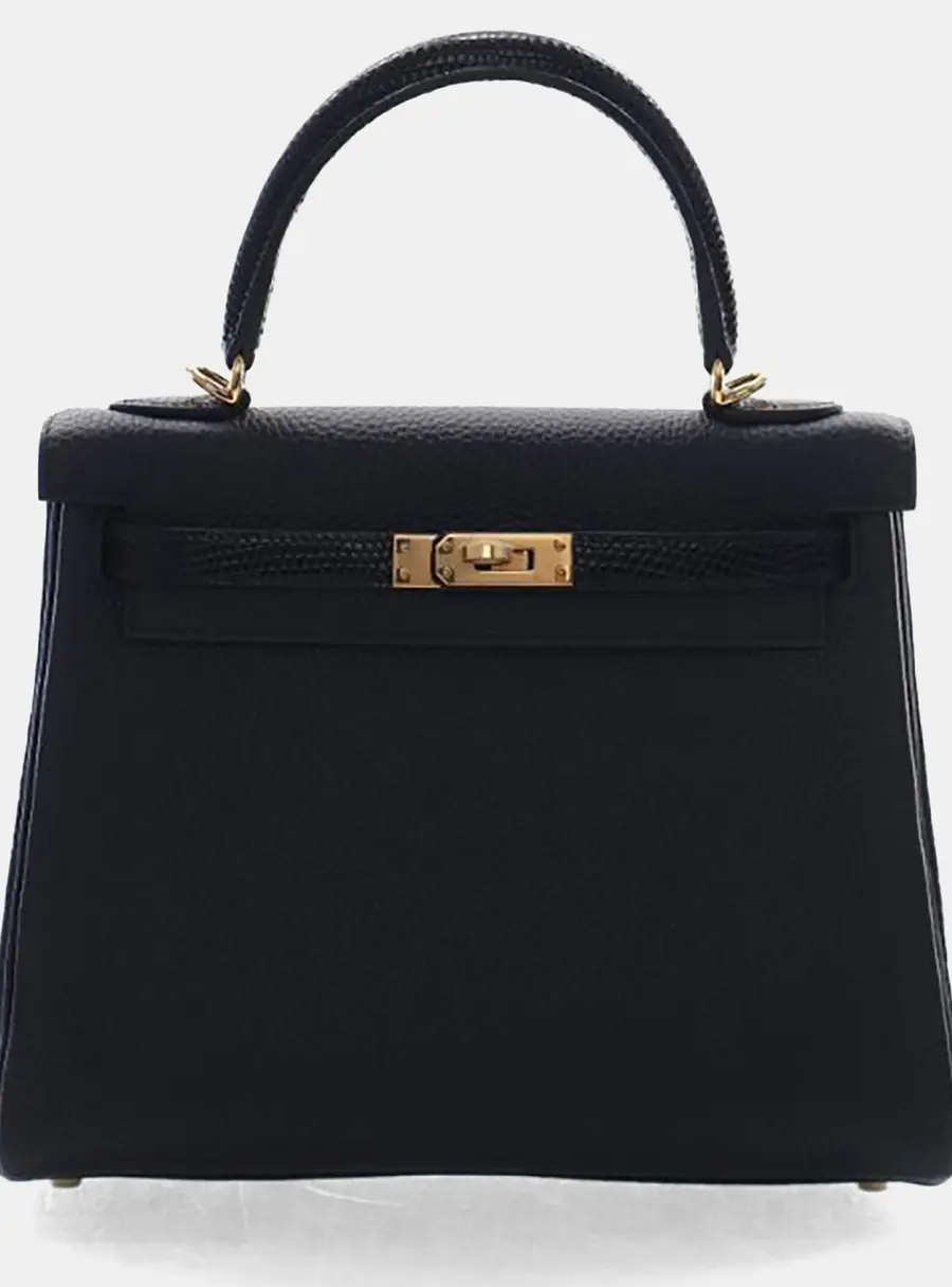 Hermes Kelly 25 Noir Togo Calfskin Leather Lizard Skin Top Handle Bag