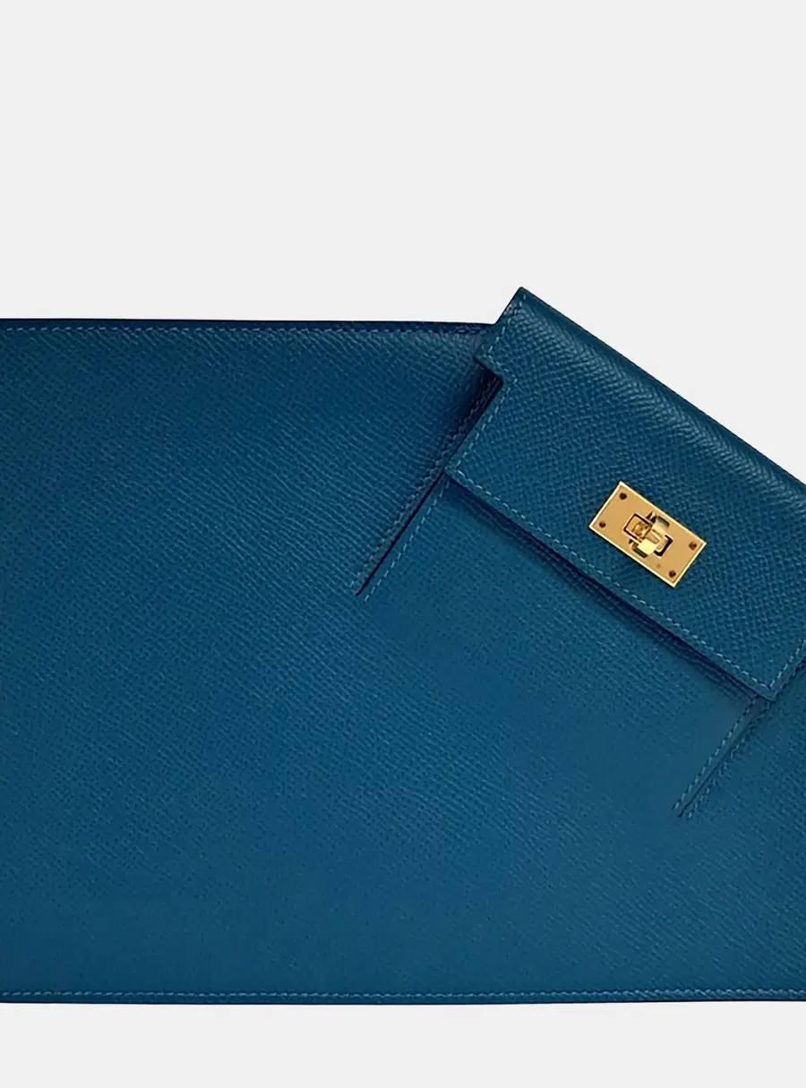 Hermes Kelly Pocket To Go Blue Epsom Calfskin Leather Pochette Bag