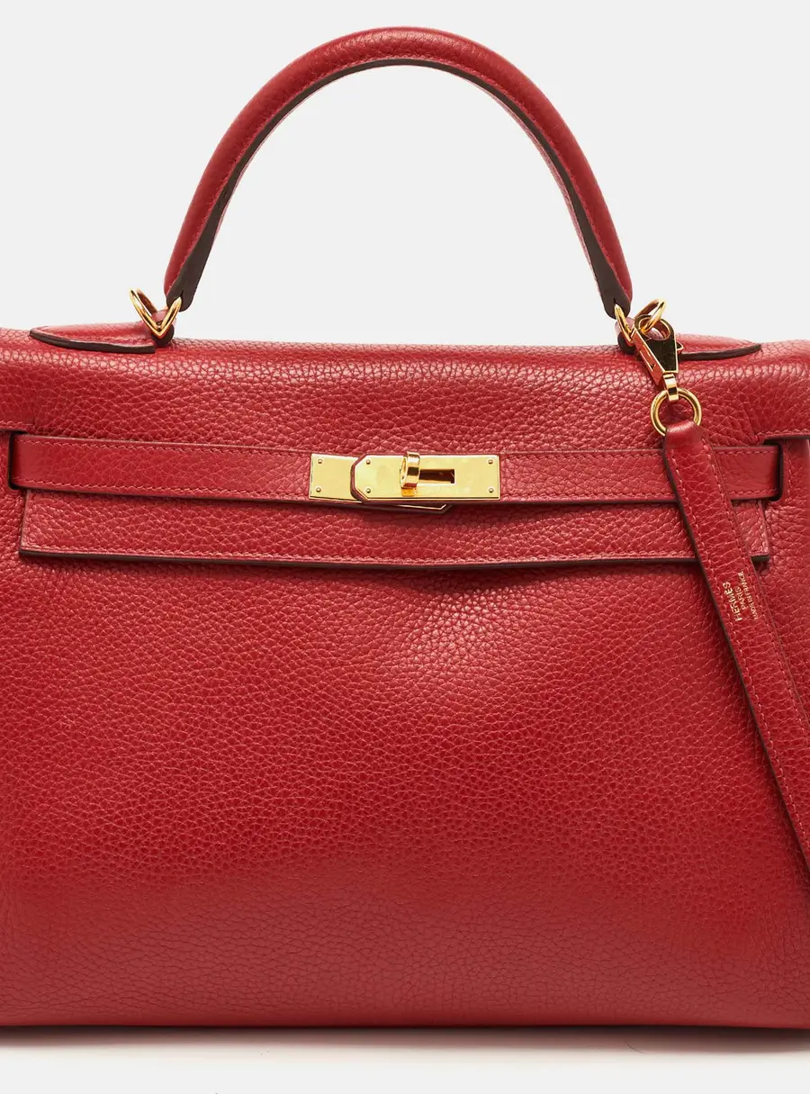 Hermès Kelly Retourne 32 Gold Finish Rouge Casaque Clemence Leather Top Handle Bag